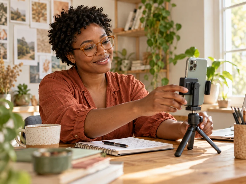 Illustrative creator preparing a phone camera for content creation