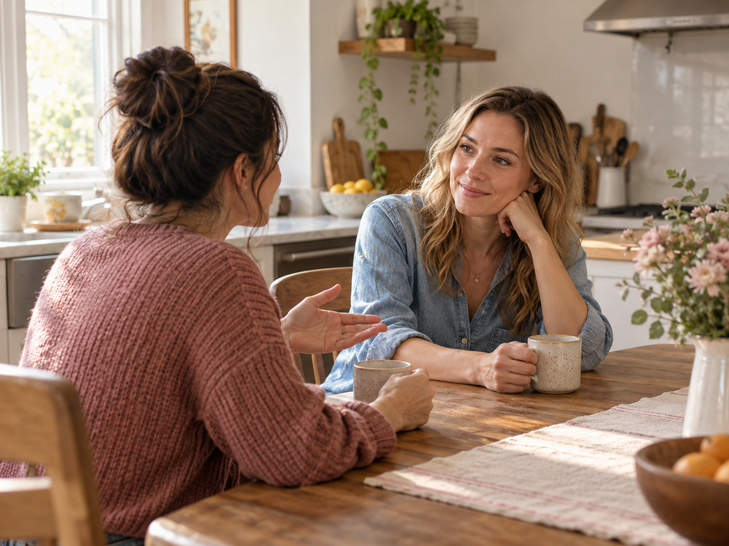 Illustrative adults sharing a conversation at a kitchen table