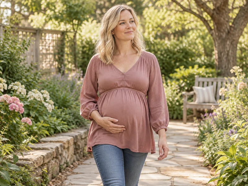 Illustrative pregnant adult walking in a quiet garden
