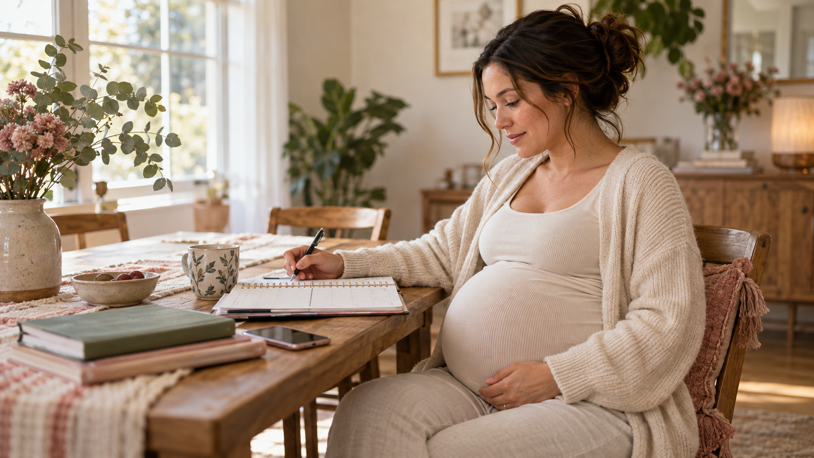 Illustrative pregnant adult planning everyday appointments at a table