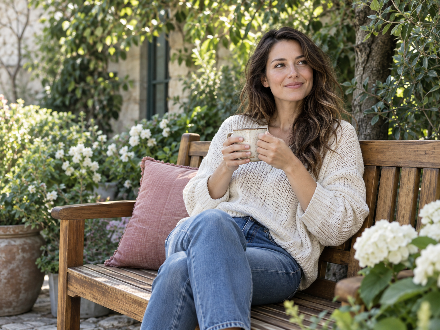 Illustrative adult relaxing with a cup in a leafy garden